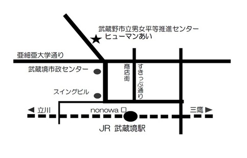 センター案内図:JR武蔵境駅nonowa口を出て北へまっすぐ進みます。亜細亜大通りを渡ると右側に市民会館があります。センターは市民会館1階です。