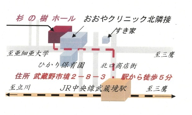 JR中央線武蔵境駅北口から北口商店街をぬけてすき家がみえたら左折し直進 ひかり保育園の向かい側おおやクリニック北隣接杉の樹ホール 住所 武蔵野市境2-8-3 駅から徒歩5分