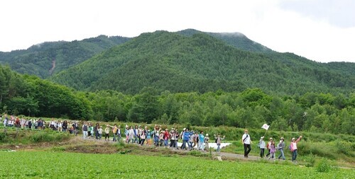 山を背景に緑道を沢山の参加者が歩いている写真