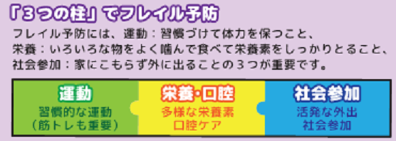 フレイル予防で大切な3つの柱とは1.運動 2.栄養・口腔 3.社会参加