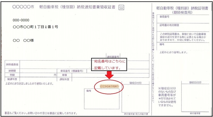 軽自動車税の宛名番号は、領収証書の備考上段に記載しています。