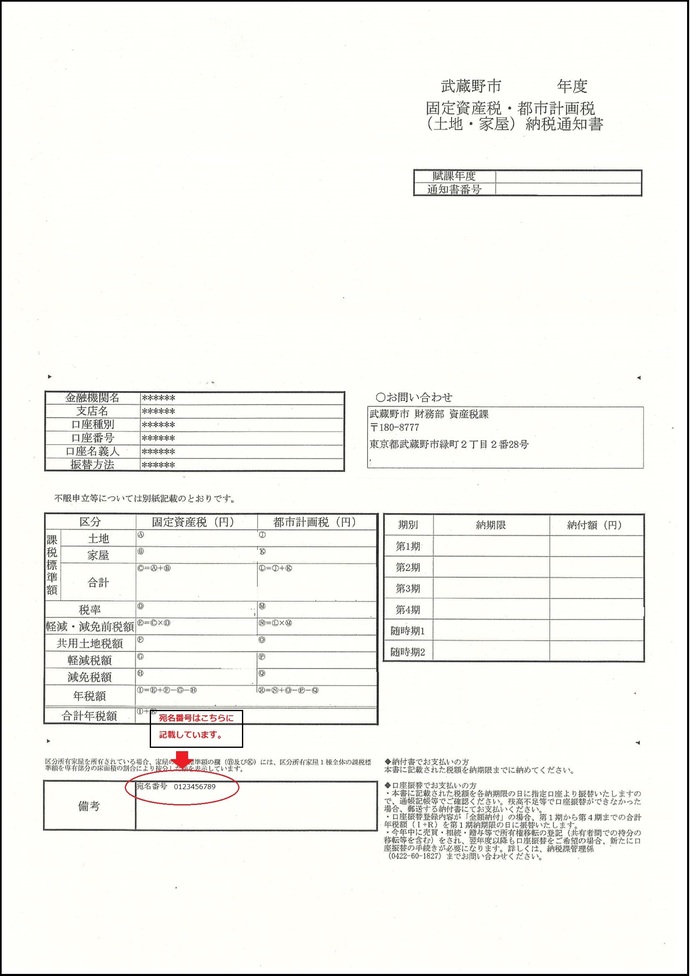 固定資産税・都市計画税の宛名番号は備考に記載しています。