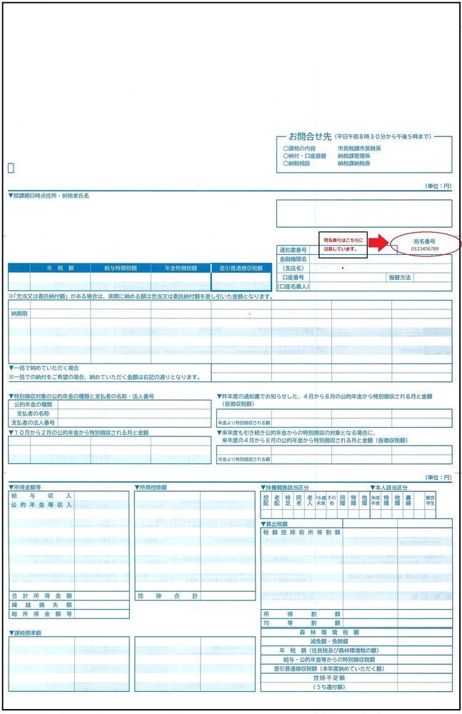 市都民税・森林環境税の宛名番号は納税通知書2ページの右上に記載しています。