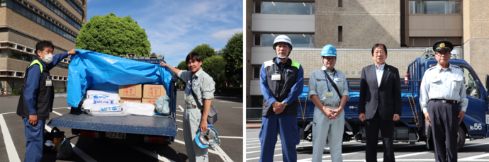 写真：出発式の様子。支援職員2名と小美濃武蔵野市長、松井武蔵野市消防団長