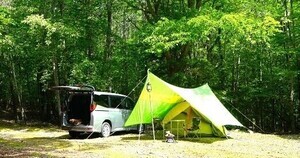 キャンプ場内に設営されたテントとテントに横付けされた車の写真