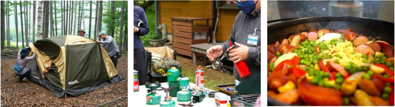 キャンプ場内の写真3枚。左：テントやタープの設営。中央：キャンプ用品の使い方。右：バーベキュー