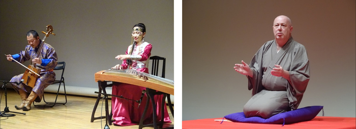 画像左：外国人による民族音楽の演奏の様子 画像右：外国人パフォーマーによる落語の様子