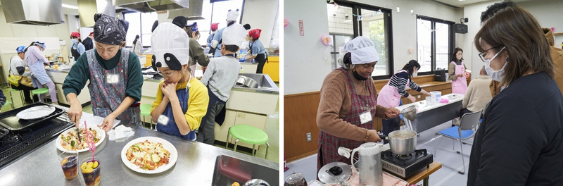 画像左：調理実習の様子 画像右：食品ロスを出さない料理の実演と試食の様子