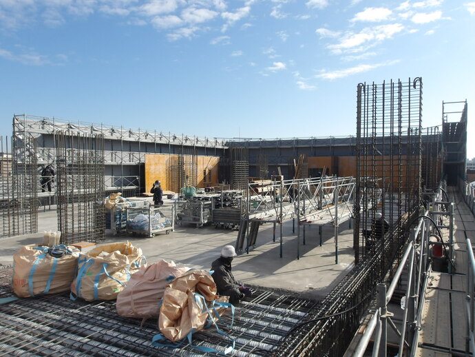 写真:柱壁の配筋型枠作業を行っていました。