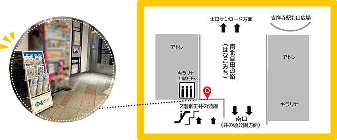 吉祥寺駅1階市報ラック置き場の案内図。吉祥寺駅南北自由通路(はなこみち)にある、キラリナ上階行きエレベーター前にラックがあります。