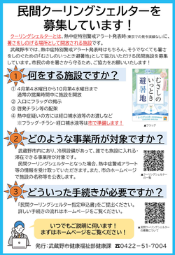 チラシ：民間クーリングシェルターを募集しています！ 1 何をする施設ですか？ 2 どのような事業所が対象ですか？ 3 どういった手続きが必要ですか？