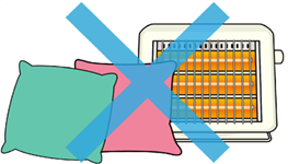 ストーブとクッションにバツ印のイラスト