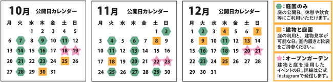公開カレンダー 10月 庭園のみ：7、9、11、14、16、21、23、28 建築と庭園：25、30 オープンガーデン：18、19 11月 庭園のみ：2、4、6、11、13、20、25、27、29 建築と庭園：8、18 オープンガーデン：22、23 12月 庭園のみ：2、11、16、18、23 建築と庭園：4、7、9、13、25 オープンガーデン：20、21
