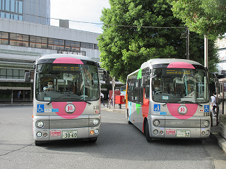 30周年ヘッドマークを付けたムーバスが2台並んだ写真