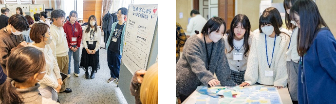 写真2枚：中高生世代ワークショップ「Teensムサカツ」で中高生が市職員に意見を伝えている様子
