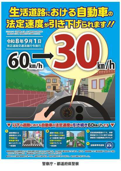 ポスター：生活道路における自動車の法定速度が時速30キロメートルに引き下げられます!! 令和8年9月1日 改正道路交通法施行令施行 時速60キロメートルが時速30キロメートル